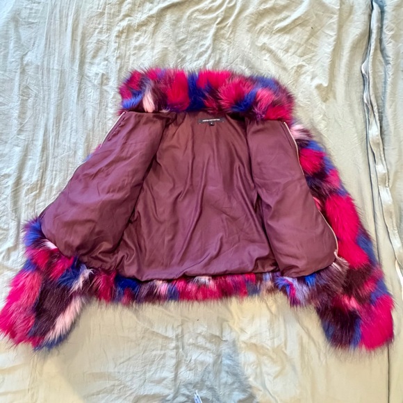 FRENCH CONNECTION Multi-Color Faux Fur Cropped Jacket - Pink, Blue & Wine - Picture 5 of 6
